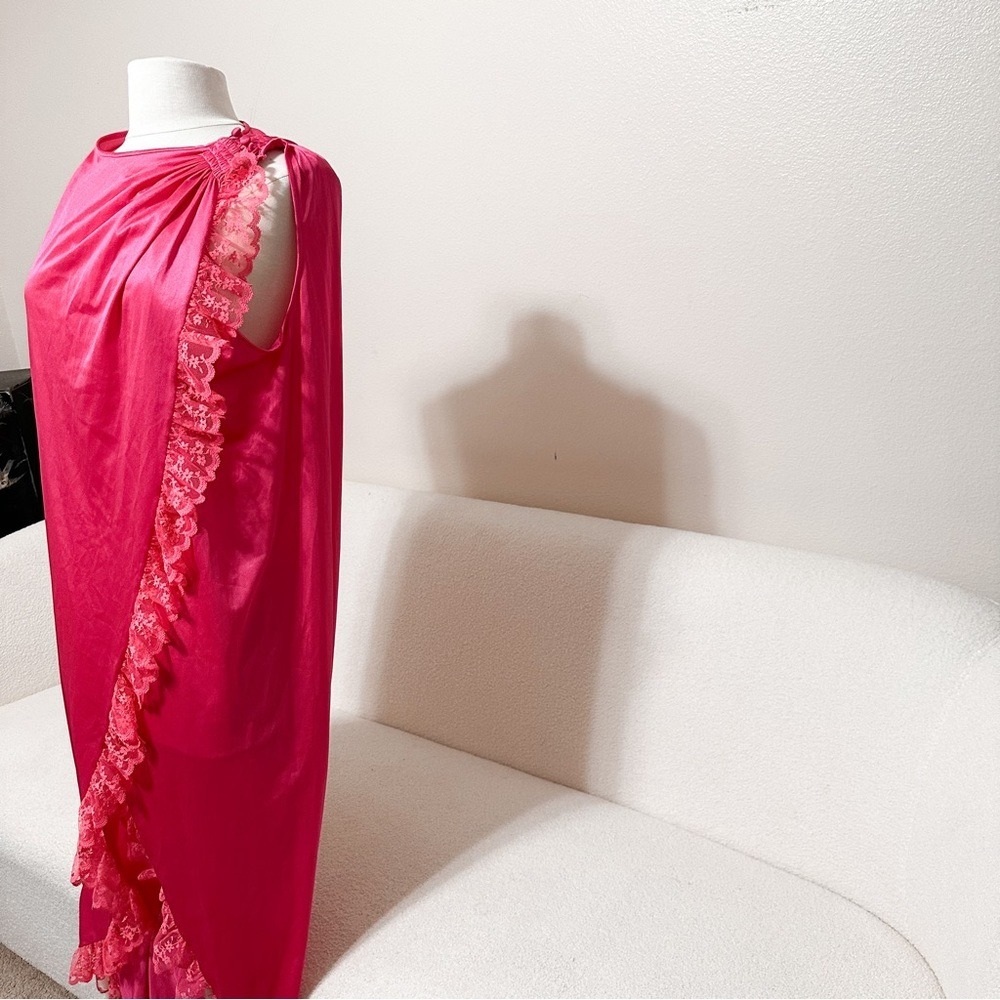 Vtg 80s Pink Coquette Satin Lace Maxi Lingerie Gown Ruffles Smocked - Picture 3 of 8